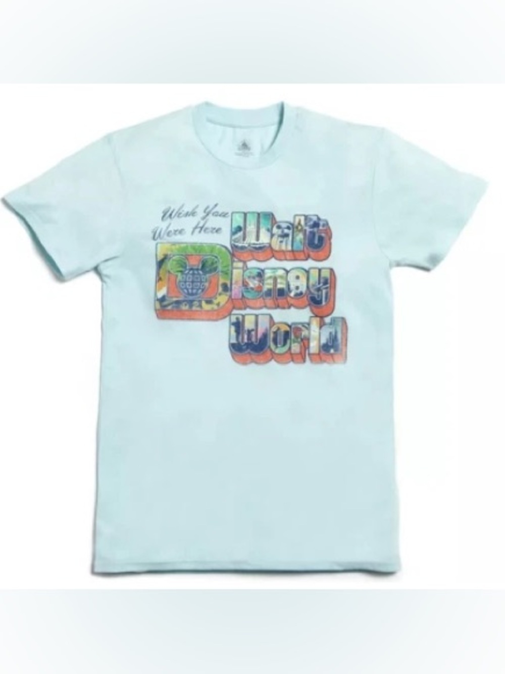 Walt Disney World Wish You Were Here Postcard Style Shirt in Light Blue - Size S